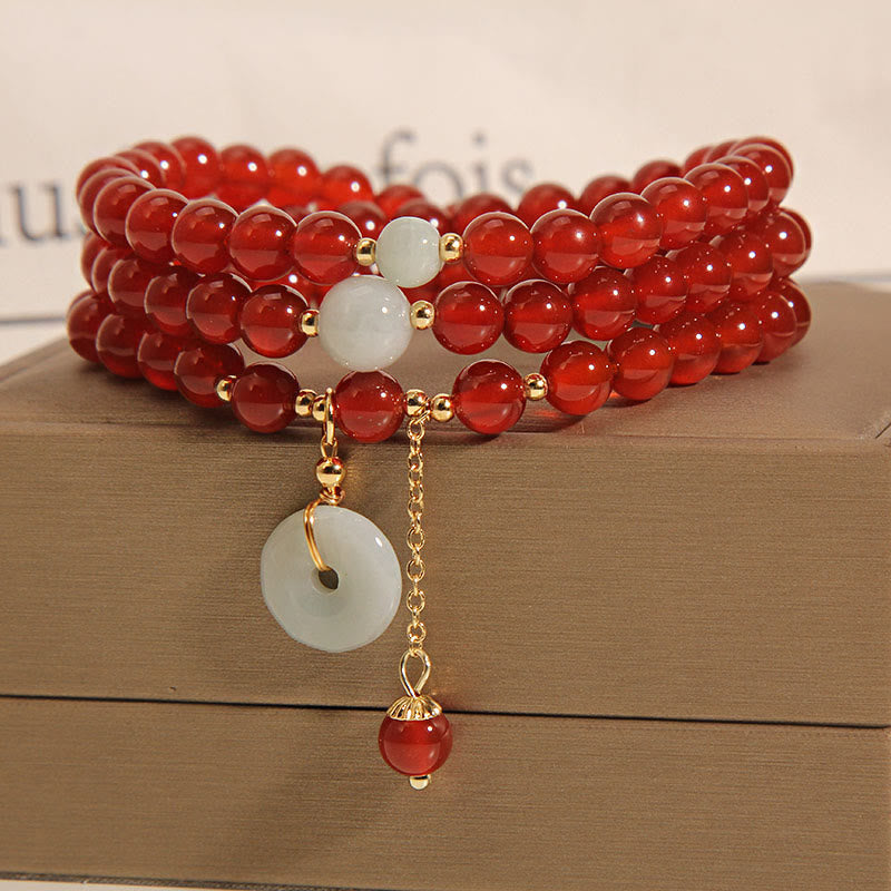 Natural Red Agate and Jade Ping An Kou Triple Wrap Bracelet