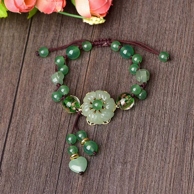 Natural Cyan Jade, Green Aventurine & Agate Dangling Flower Beaded Bracelet