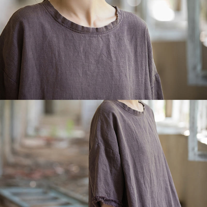 Mid Length Dress Ramie Linen Half Sleeve Split Hem Top T-Shirt