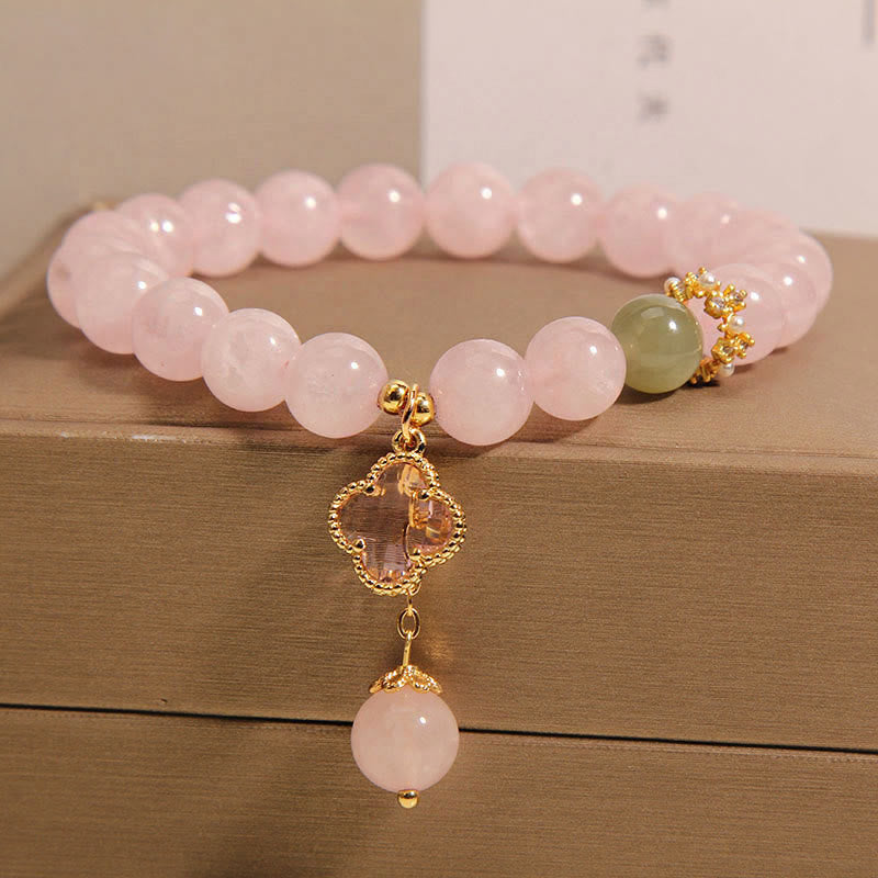 Natural Pink Crystal Four Leaf Clover Soothing Bracelet