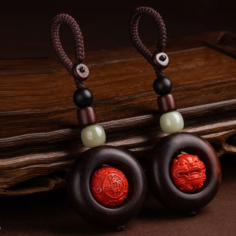 Red Sandalwood & Jade Cinnabar Keychain with Om Mani Padme Hum, Pixiu, or Copper Coin