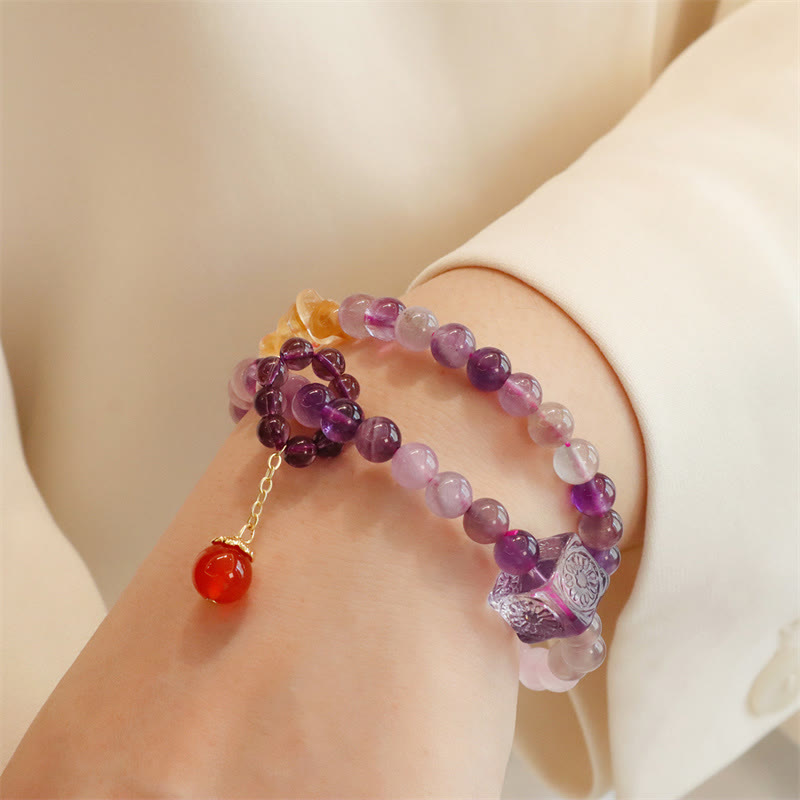 Natural Amethyst Citrine & Red Agate Beaded Double Wrap Bracelet