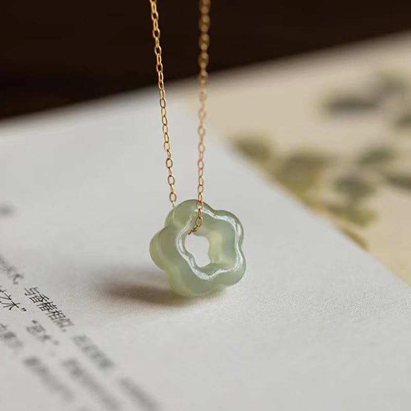 Dainty Hetian Jade Cyan Jade Luck Floral Charm Necklace Pendant