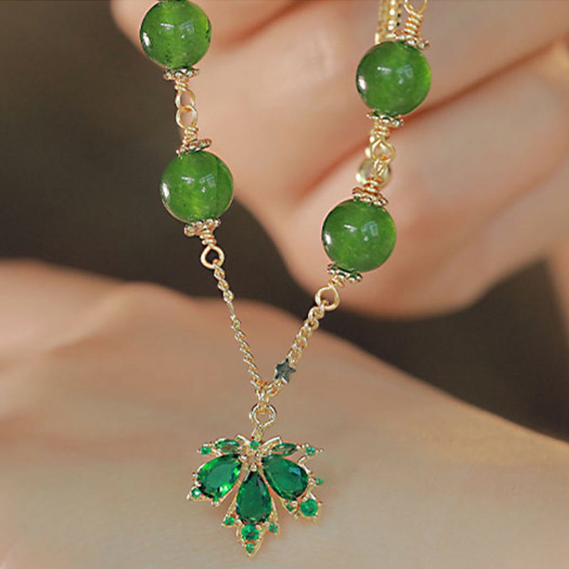 14k Gold Plated Green Chalcedony Maple Leaf Courage Strength Bracelet