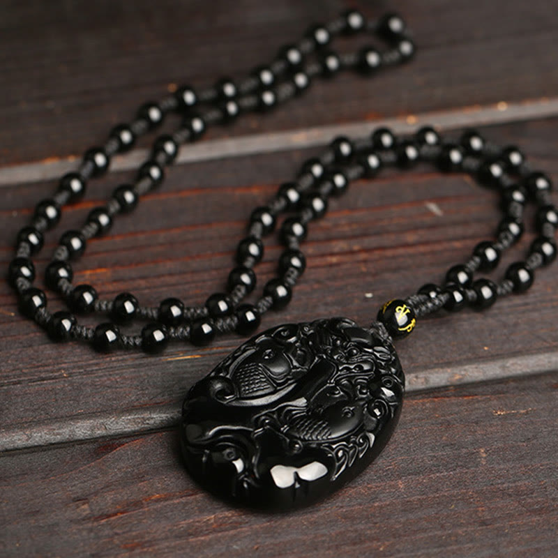 Black Obsidian Koi Fish Bead Rope Fulfilment Strength Necklace Pendant