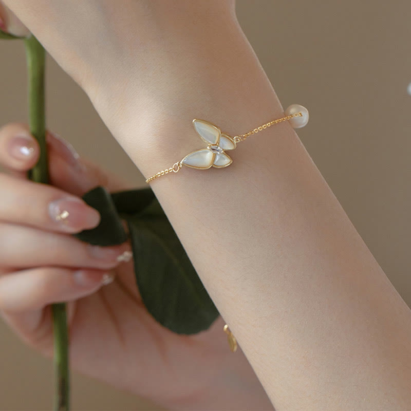14K Gold Plated Copper Pearl Tridacna Stone Butterfly Blessing Ring Bracelet Necklace Pendant Earrings Set