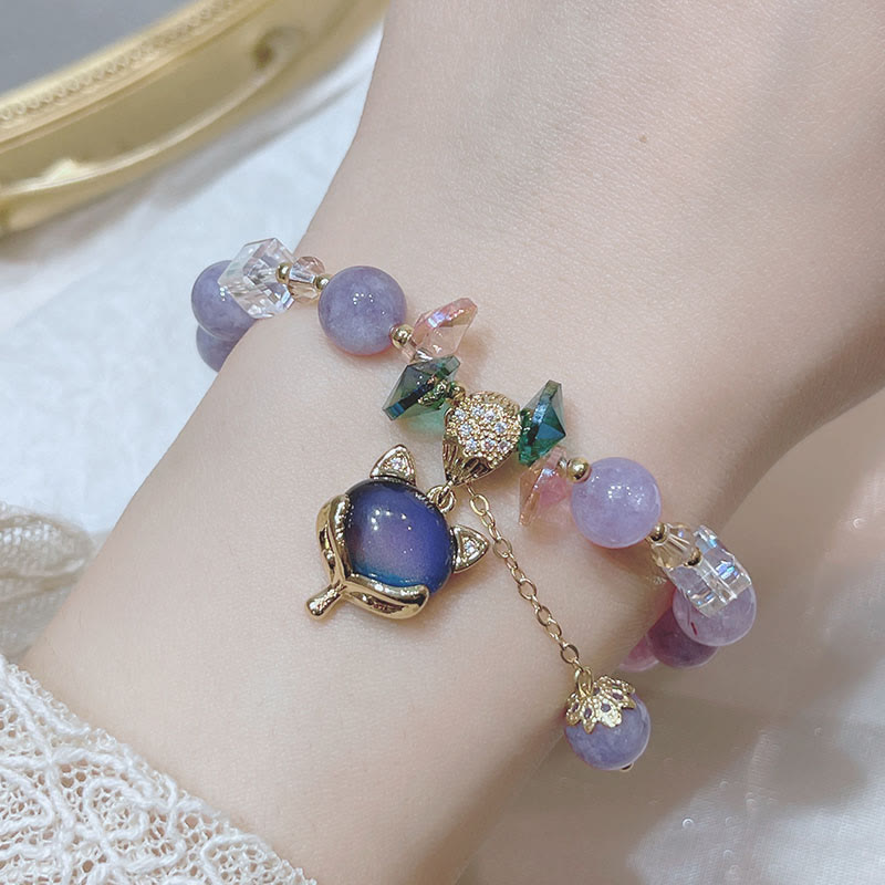 Natural Purple Jade and Clear Quartz Fox Charm Beaded Bracelet