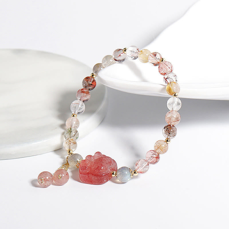 Natural Strawberry Quartz Cat Paw Claw Colorful Rutilated Quartz Moonstone Love Bracelet