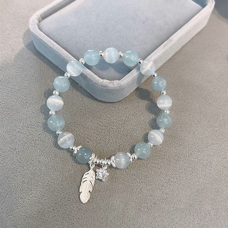 925 Sterling Silver Aquamarine Cat's Eye Healing Feather Star Charm Bracelet
