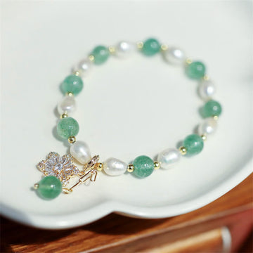 Handcrafted Green Strawberry Quartz and Pearl Flower Charm Gold Accent Bracelet