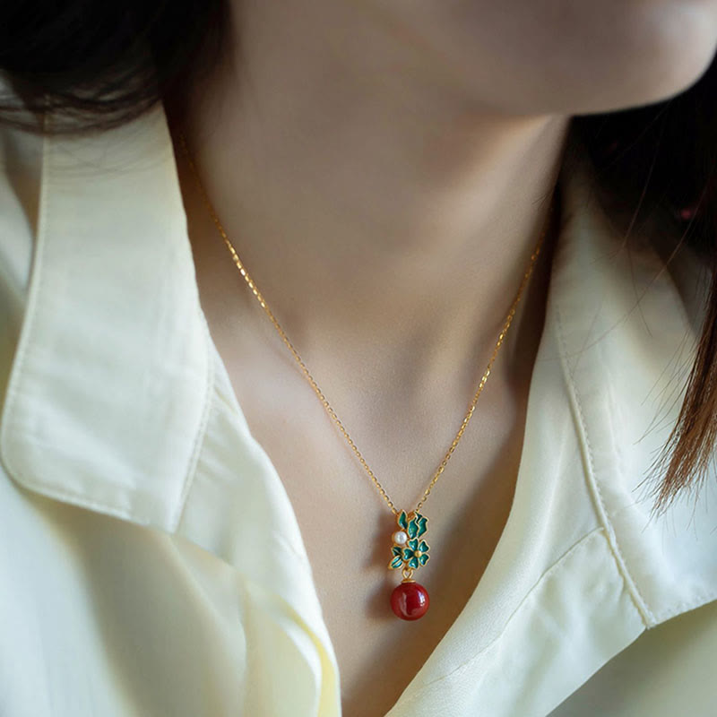 925 Sterling Silver Plated Gold Cinnabar Pearl Flower Blessing Necklace Pendant Earrings Ring Set