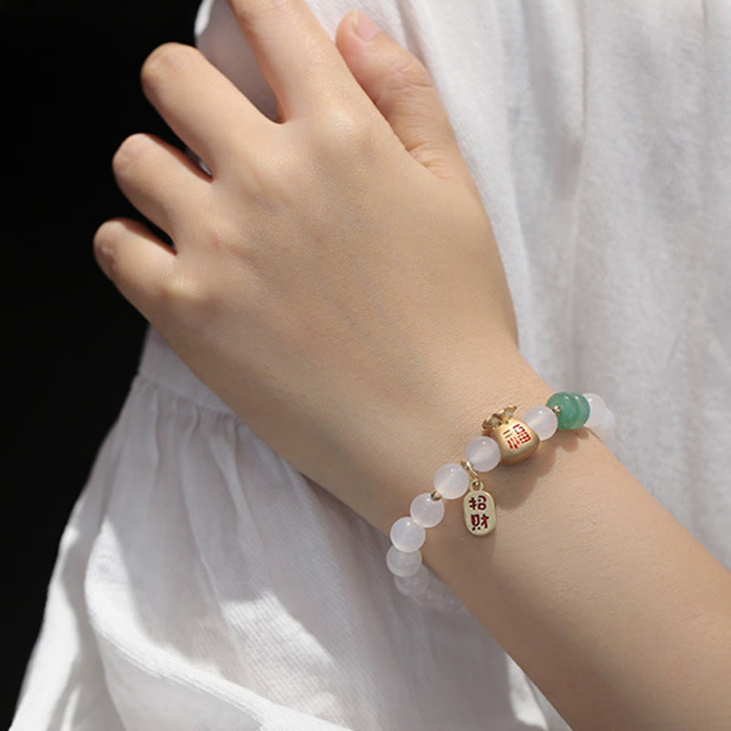 Natural White Agate Red Agate Money Bag Fu Character Four Leaf Clover Protection Bracelet