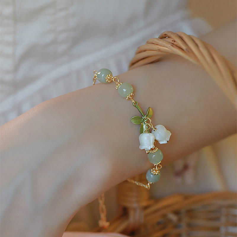 Green Jade Bead Lily of the Valley Prosperity Chain Bracelet