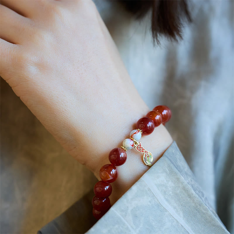 Natural Red Agate & Shoushan Stone Dragon Fu Charm Peace Talisman Bracelet