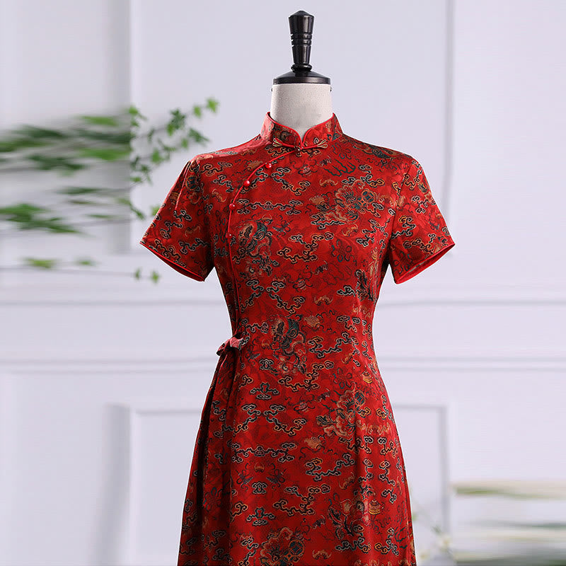 Vintage Auspicious Clouds Leaf Print Cheongsam Dress Women's Qipao Dress