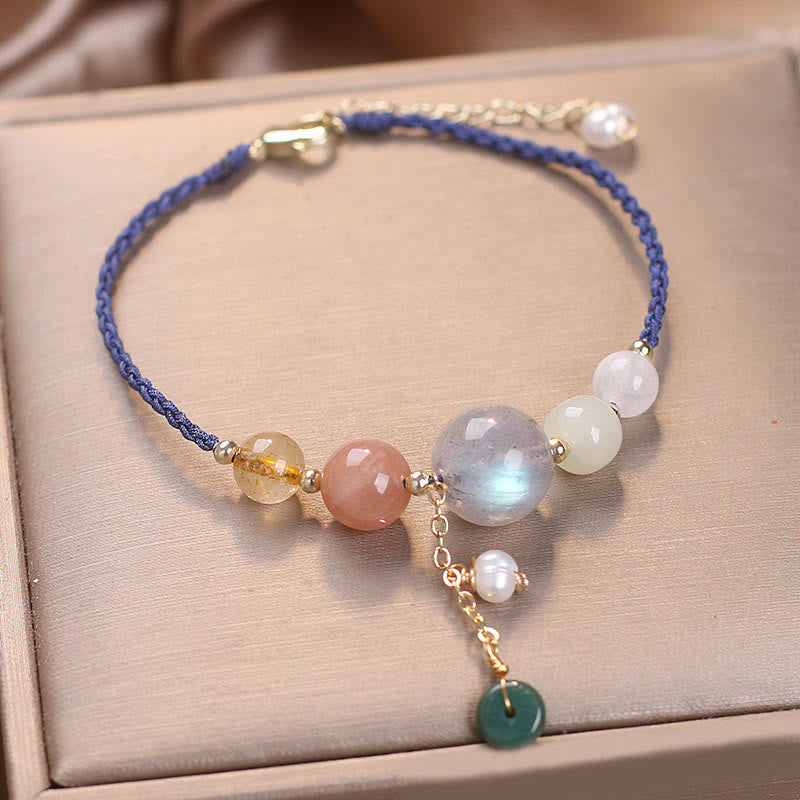 Multi-Gemstone Rope Bracelet with Moonstone, Sunstone, Hetian Jade & Ping An Kou Charm