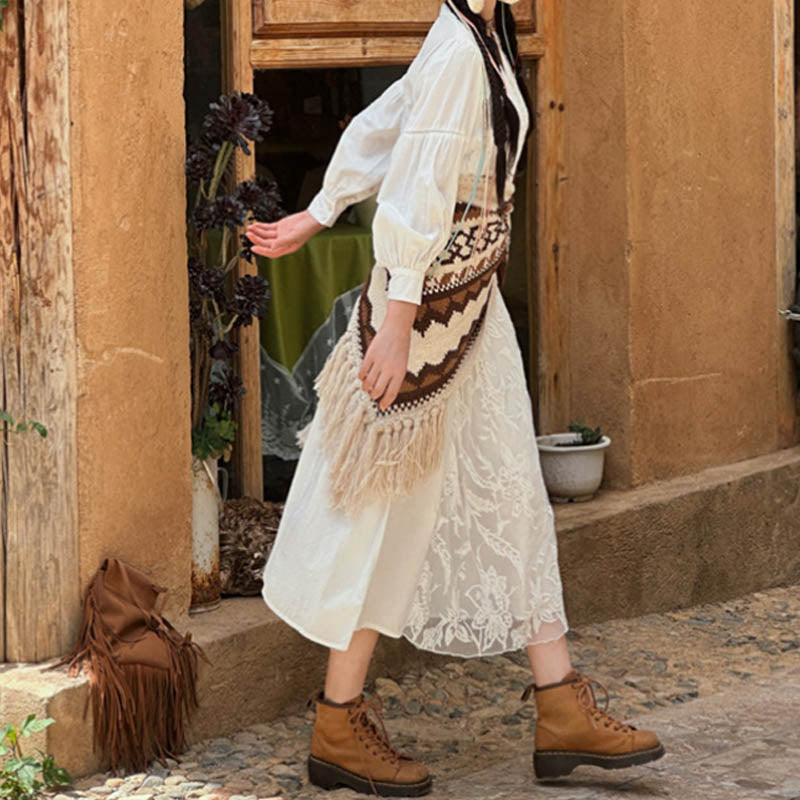 Tibetan Striped Brown Beige Tassel Shawl Winter Cozy Travel Scarf Wrap