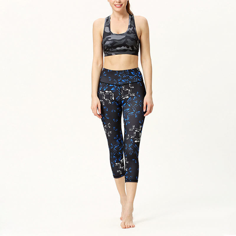 Leaves Butterfly Print Sports Yoga Cropped Leggings Women's Yoga Capri Pants