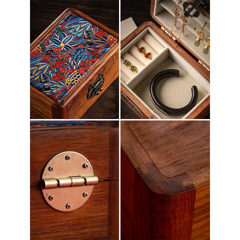 Retro Handmade Floral Rosewood Lockable Jewelry Storage Box & Keepsake Organizer