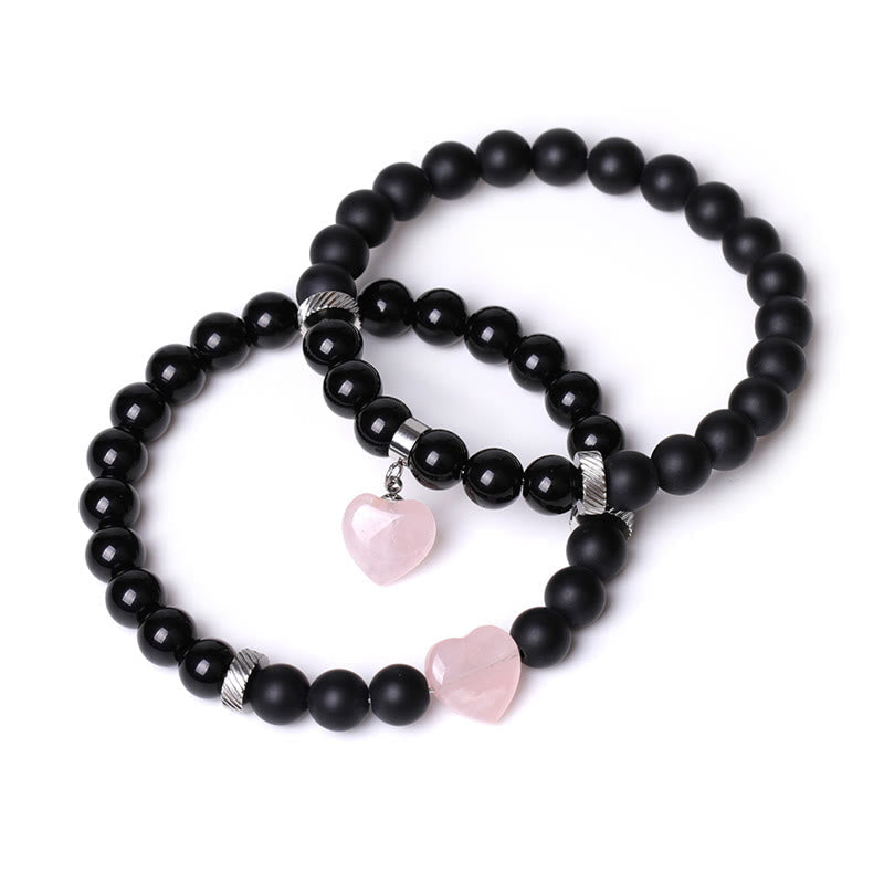 2Pcs Black Onyx Crystal Stone Love Heart Protection Support Couple Bracelet