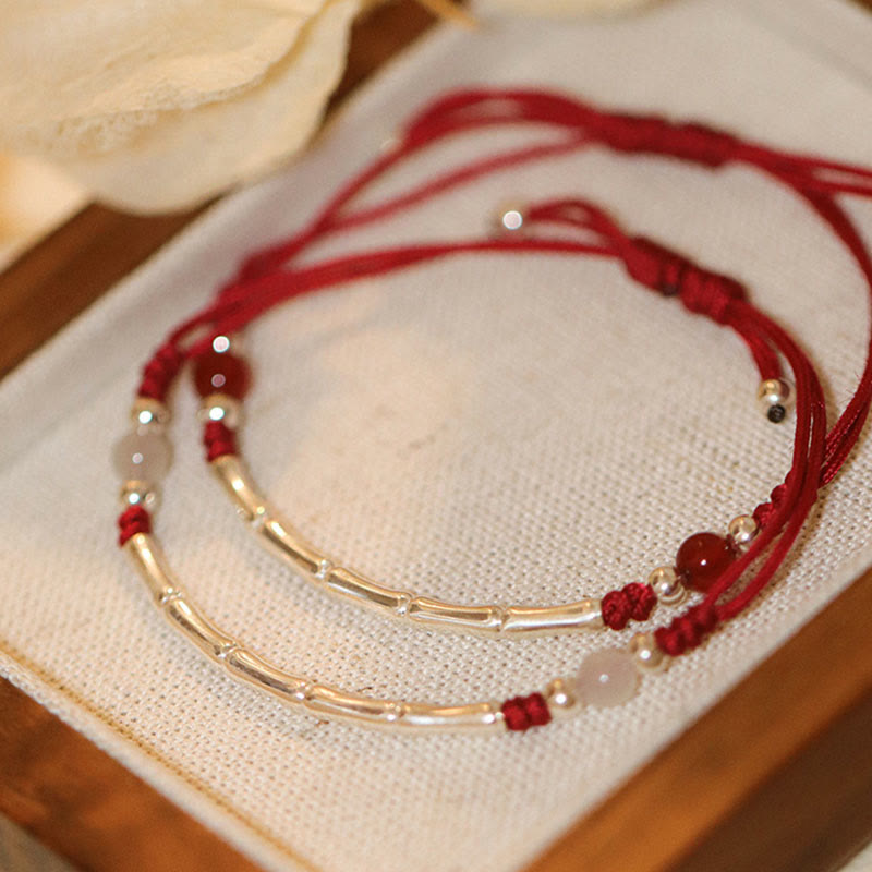 Sterling Silver Bamboo & Agate Bead Braided Red String Bracelet