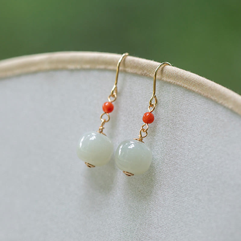 925 Sterling Silver Plated 14k Gold Hetian Jade Red Agate Luck Drop Dangle Earrings
