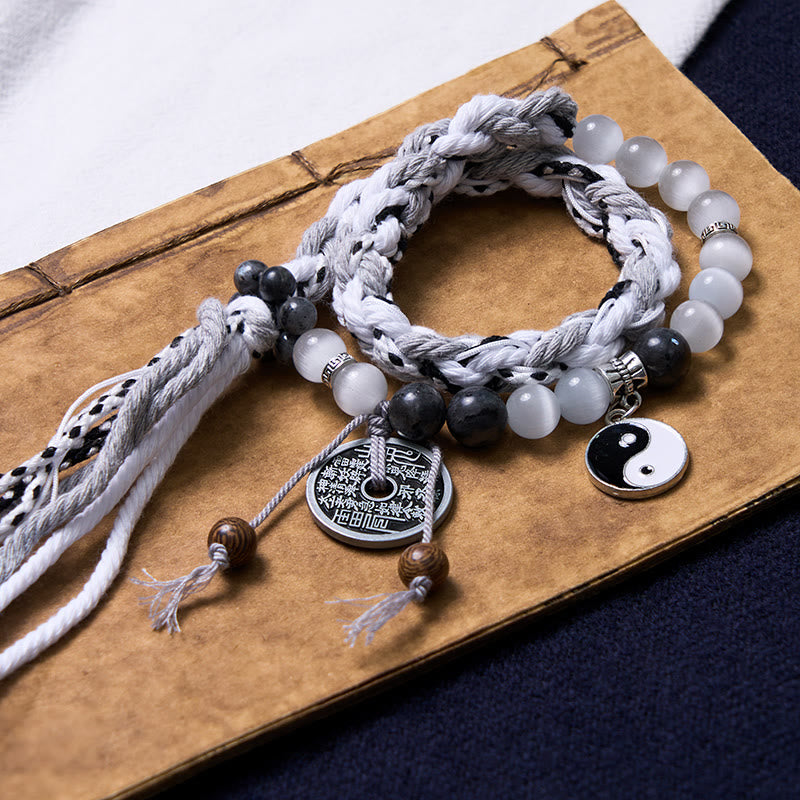 Mountain Ghost Coin & Yin Yang Bagua Rune Double Layer Rope Bracelet