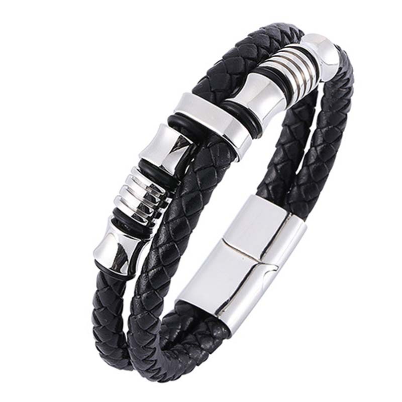 Minimalist Layered Braided Leather & Titanium Steel Bracelet