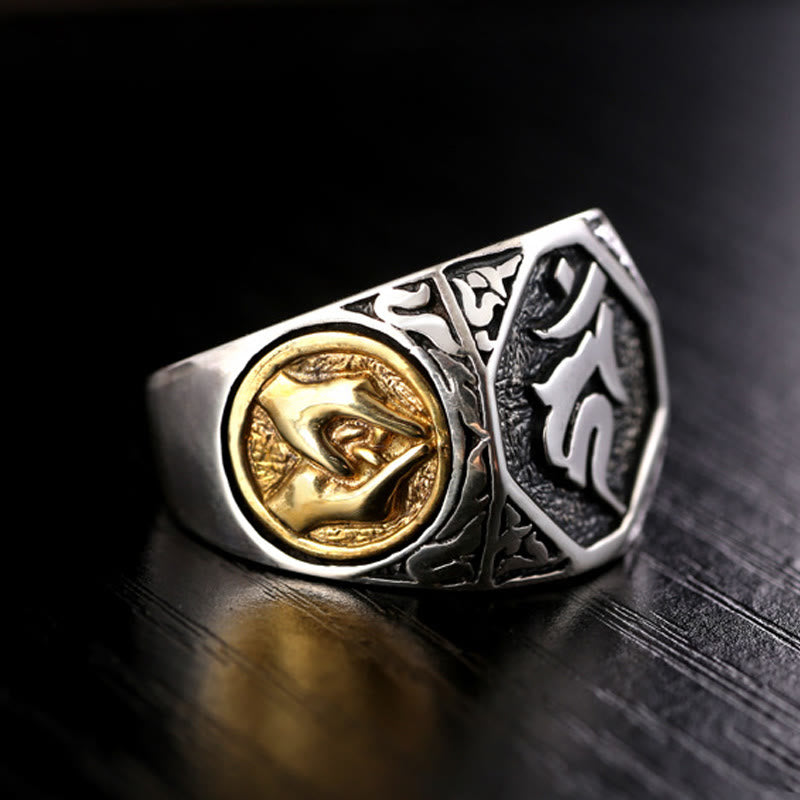 925 Sterling Silver Sanskrit Design Carved Protection Adjustable Ring