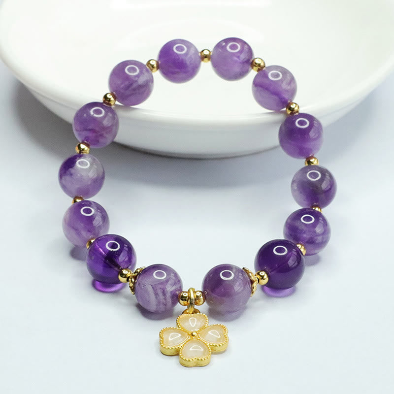 Natural Amethyst Crystal Inner Peace Four Leaf Clover Charm Bracelet