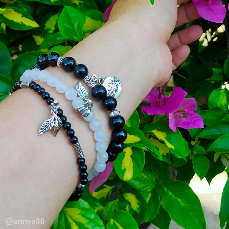 3PCS Natural Gemstone Beaded Lotus Charm Bracelet Set