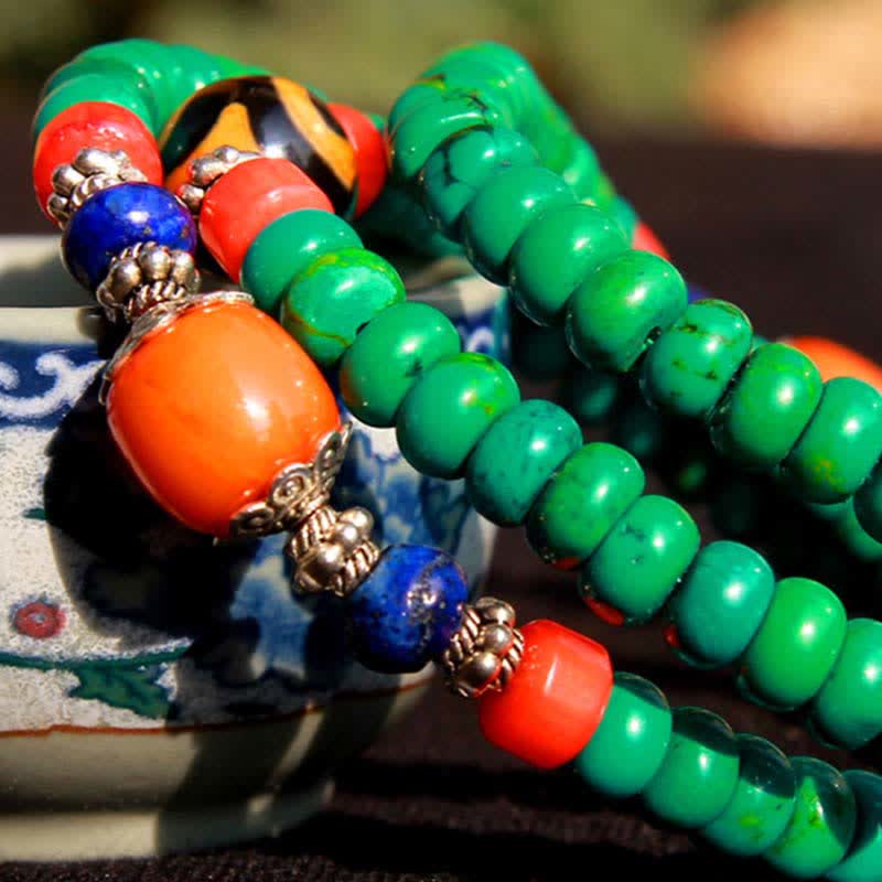 108 Tibetan Turquoise Amber and Dzi Bead Meditation Mala Bracelet