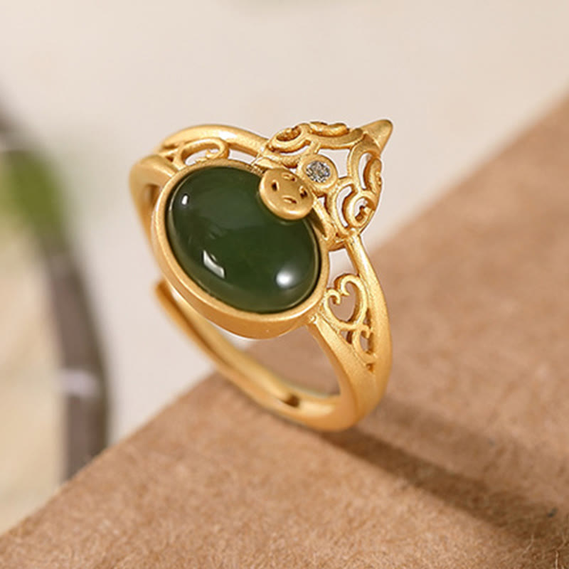 Gourd Cyan Jade Copper Coin Success Luck Adjustable Ring