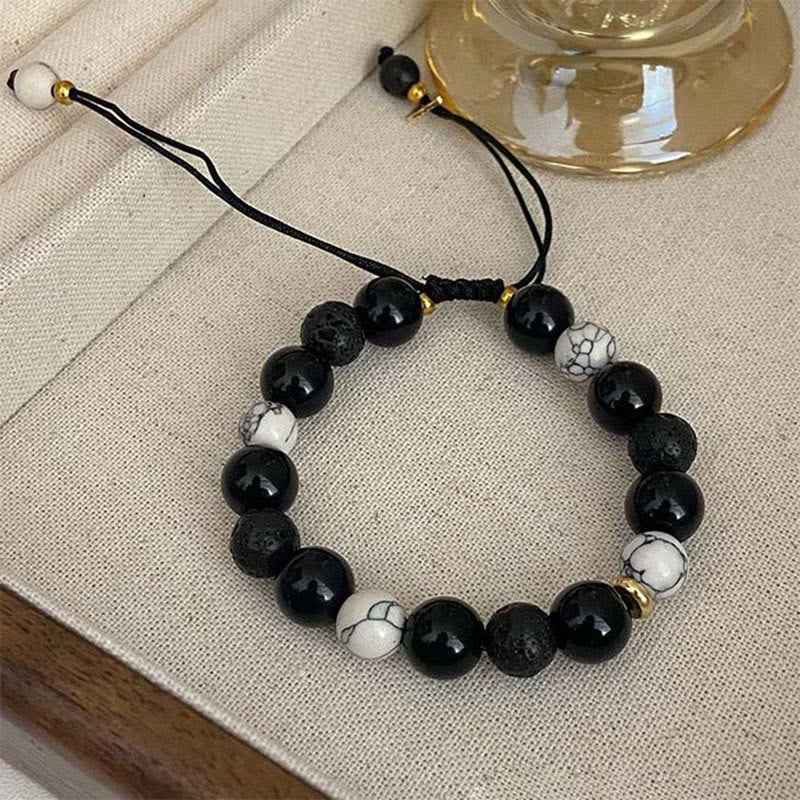 Yin Yang Balance Beaded Bracelet with Black Obsidian and Lava Stone