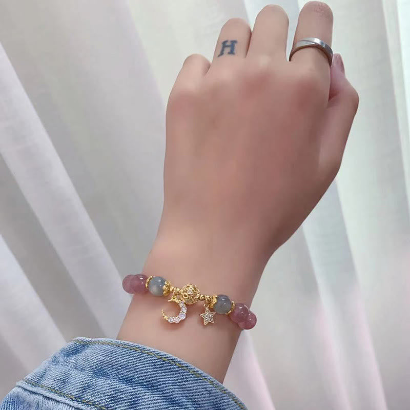 Celestial Strawberry Quartz, Moonstone & Cat's Eye Moon Star Gemstone Bracelet