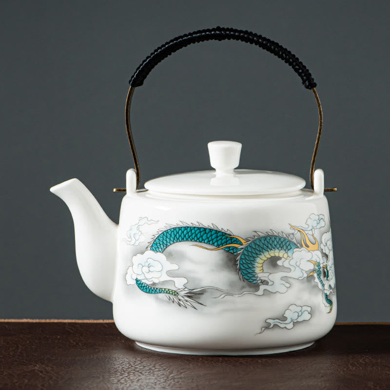 Vintage Dragon Mountain Fisherman Landscape White Porcelain Ceramic Kung Fu Teapot