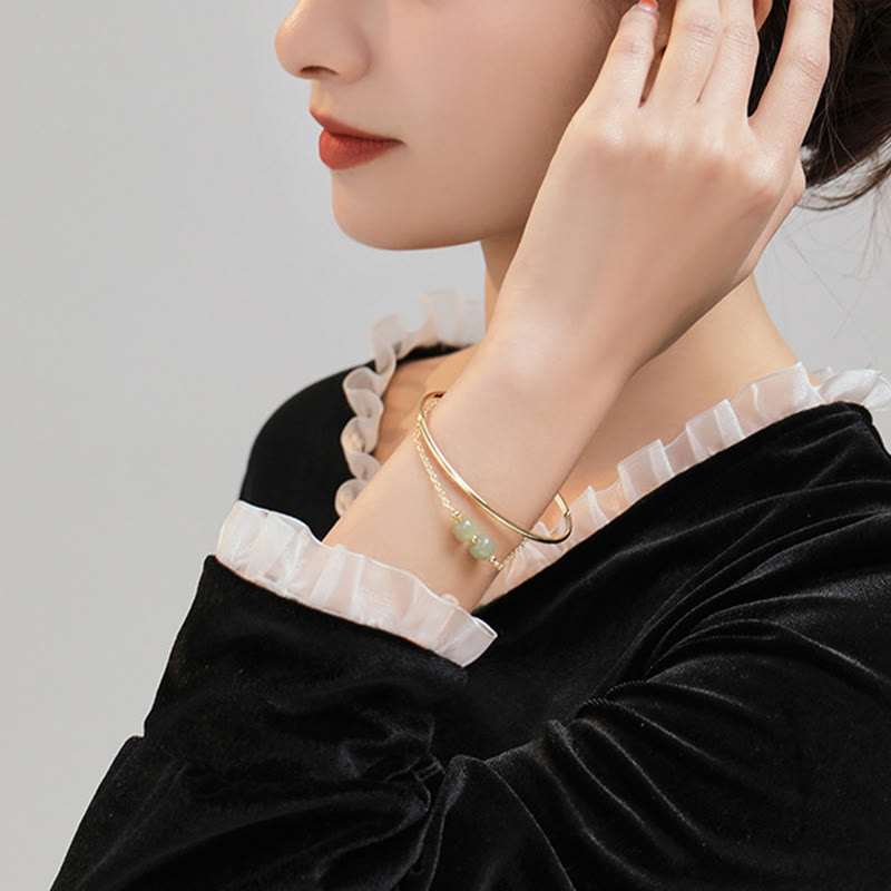 Copper Plated Gold Hetian Jade Bead Luck Double Layer Bracelet Bangle