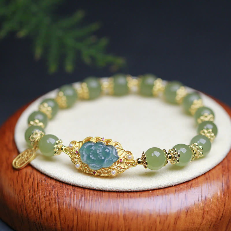 925 Sterling Silver Plated 14K Gold Hetian Jade Lotus Luck Bracelet