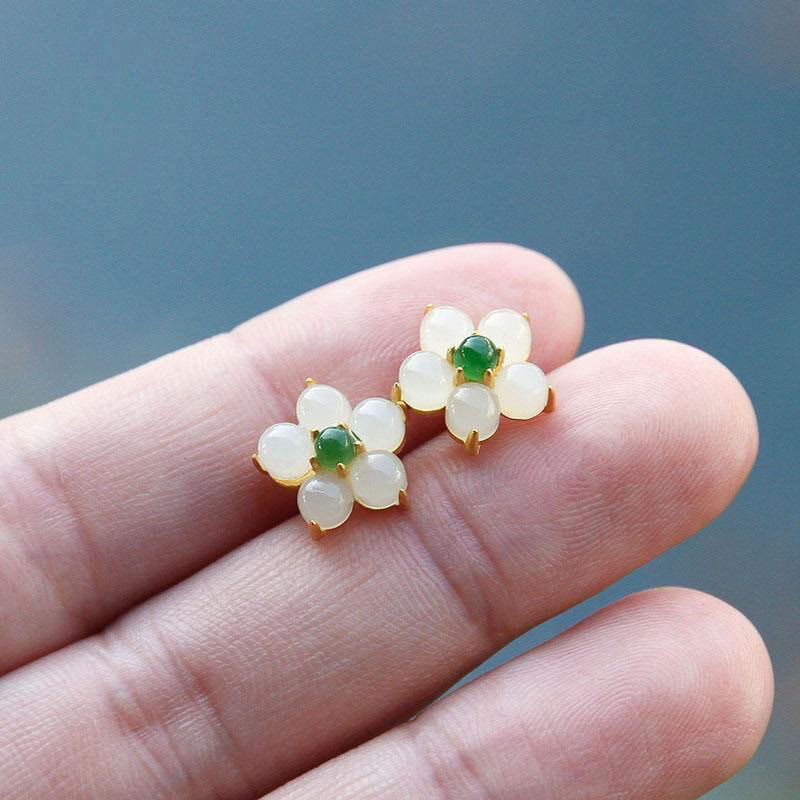 White Jade Flower Luck Blessing Stud Earrings