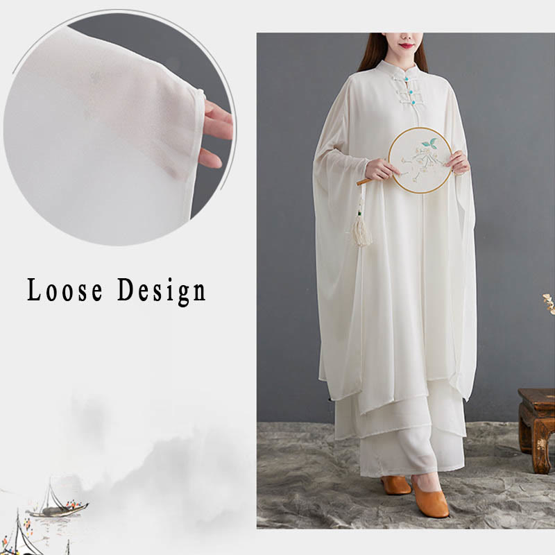 Chiffon Frog-Button Flowing Dress and Wide-Leg Meditation Set