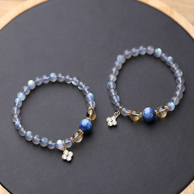 Natural Moonstone Citrine Kyanite 14K Gold Flower Charm Beaded Bracelet