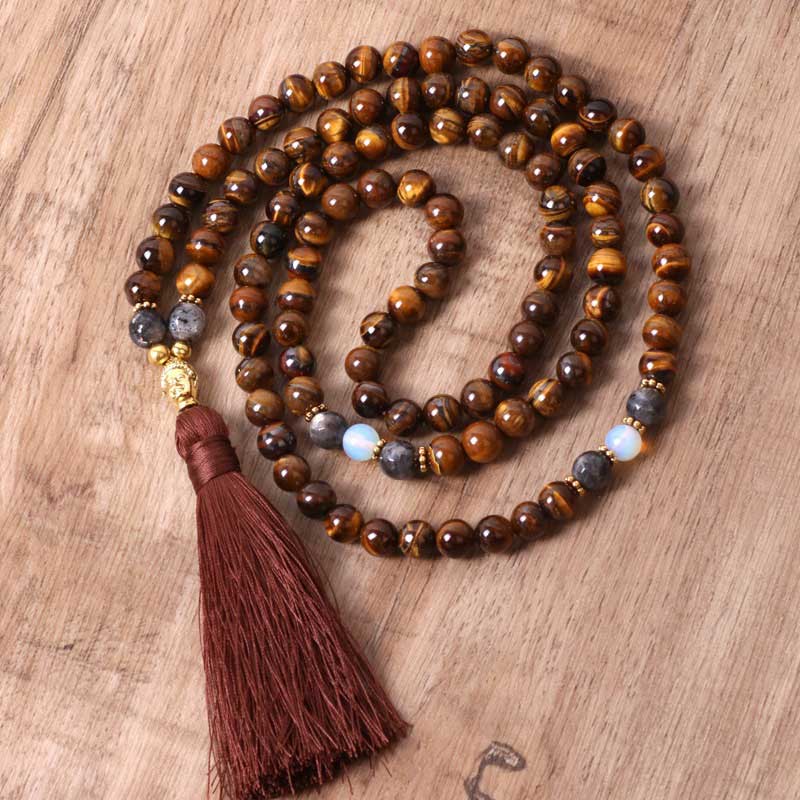 Tibetan Tiger Eye Buddha Strength Power Beaded Tassel Pendant Necklace