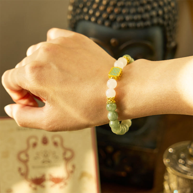 Natural Green Jade White Agate Five Scriptures Abundance Bracelet