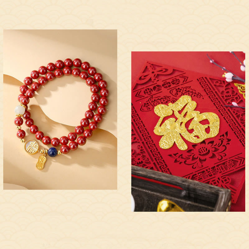 925 Sterling Silver Cinnabar Tridacna Stone Fu Character Double Wrap Blessing Bracelet