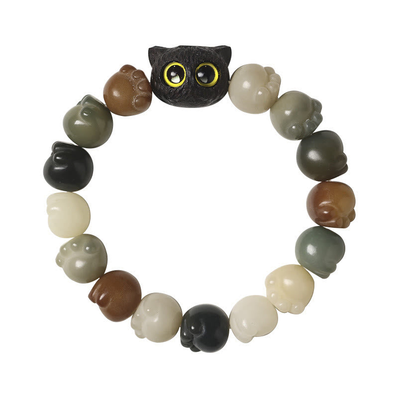 Natural Bodhi Seed Lovely Paw Ebony Wood Lucky Cat Wisdom Bracelet