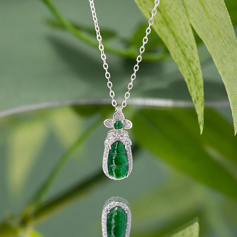 925 Sterling Silver Cyan Jade Pea Design Luck Healing Necklace Pendant