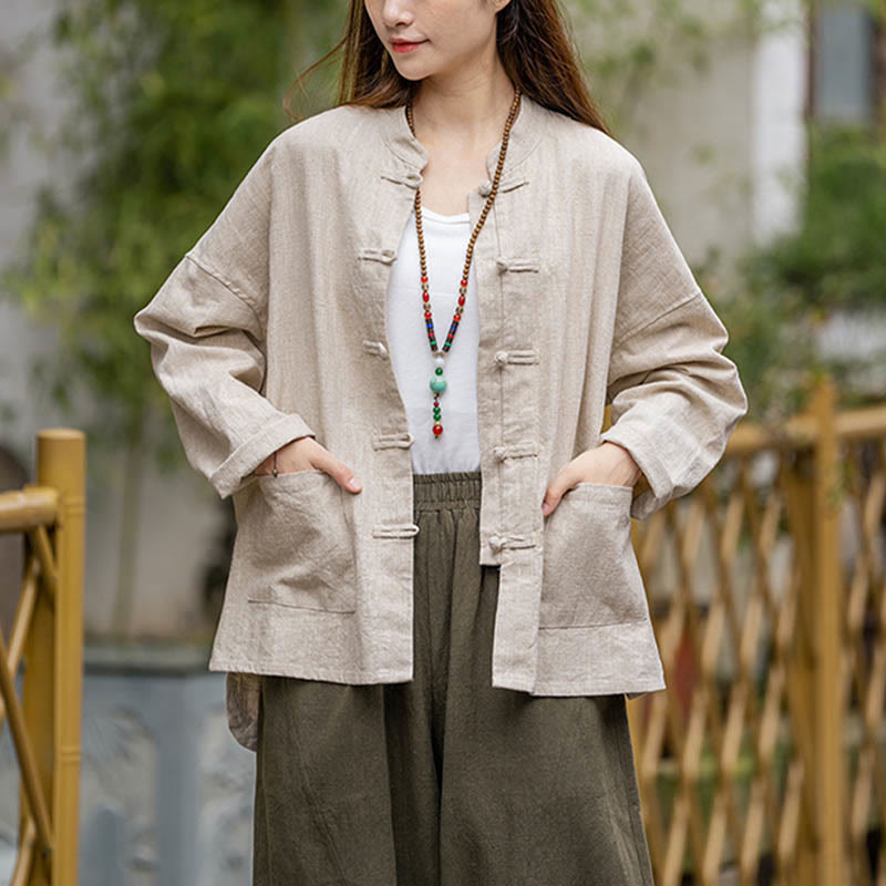 Frog-Button Design Shirt Tai Chi Meditation Top Clothing Ramie Linen Jacket