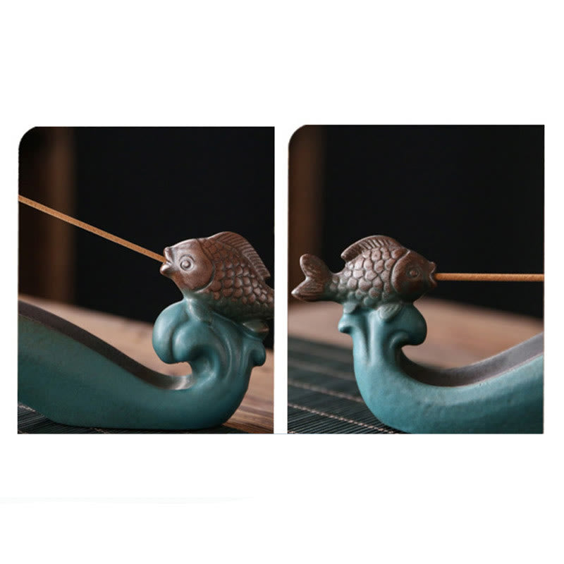 Handcrafted Mountain & Koi Fish Ceramic Stick Incense Burner for Meditation