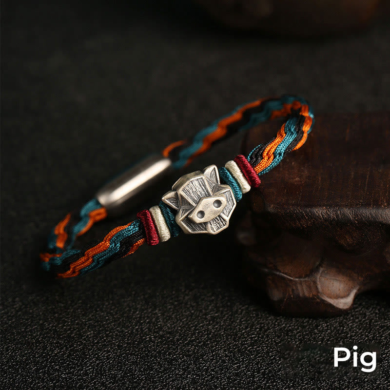 Handmade 999 Sterling Silver Year of the Dragon Chinese Zodiac Protection Colorful Reincarnation Knot Rope Bracelet