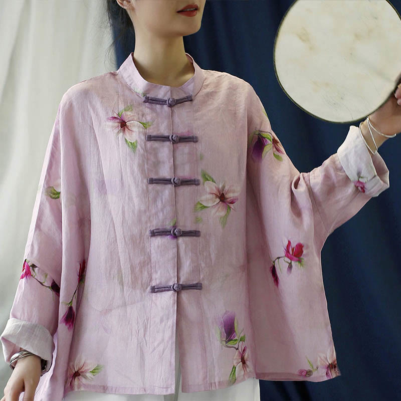 Pink Flower Print Frog-button Design Batwing Long Sleeve Ramie Linen Jacket Shirt